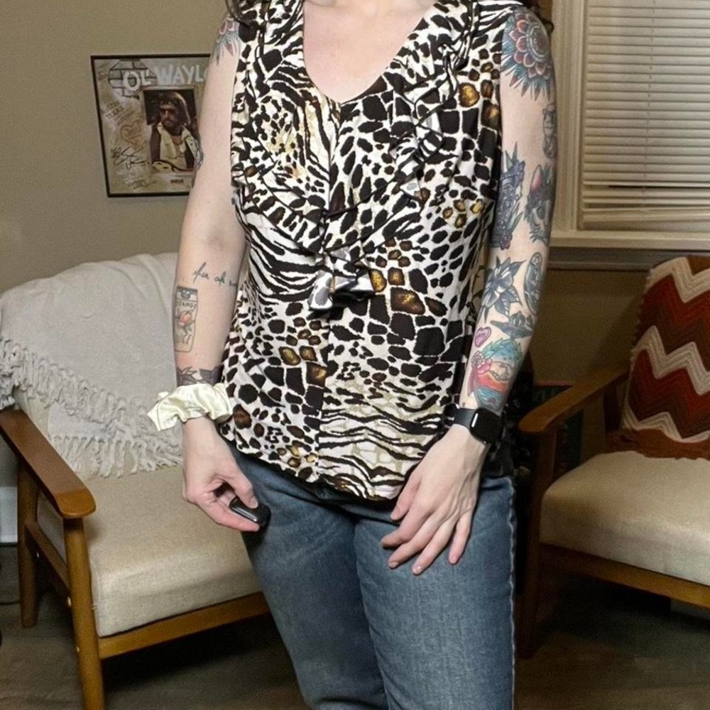 Milano Animal Print Ruffle‎ V Neck Sleeveless Womens Tank Top M